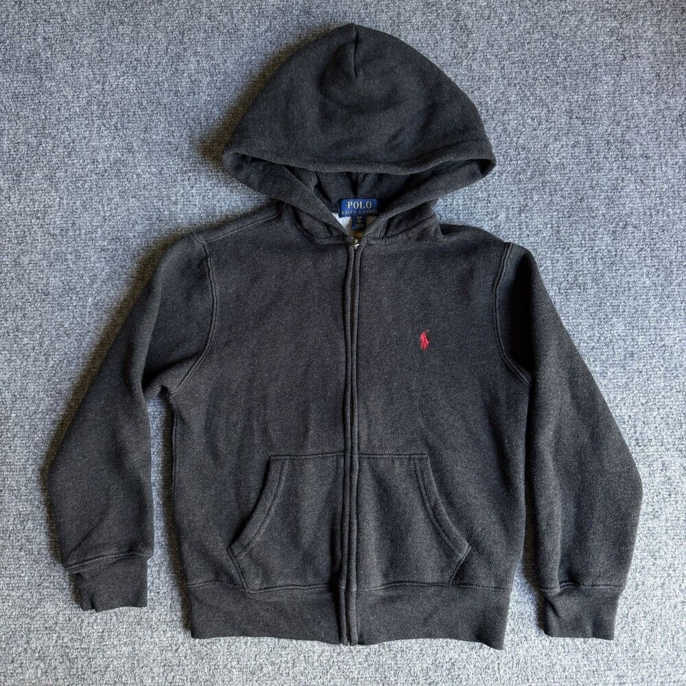 Polo Ralph Lauren Kids Size 8 S Full Zip Hoodie Gray Red Pony Logo Fleece